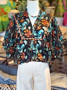 entro Take it Slow Teal Orange Floral Balloon Sleeve Top Sz S Oversized